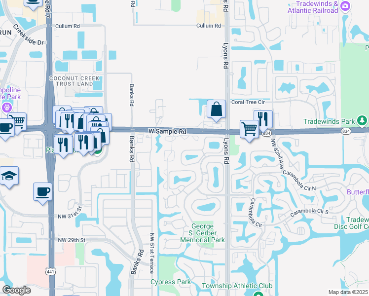map of restaurants, bars, coffee shops, grocery stores, and more near 4048 Cocoplum Circle in Coconut Creek