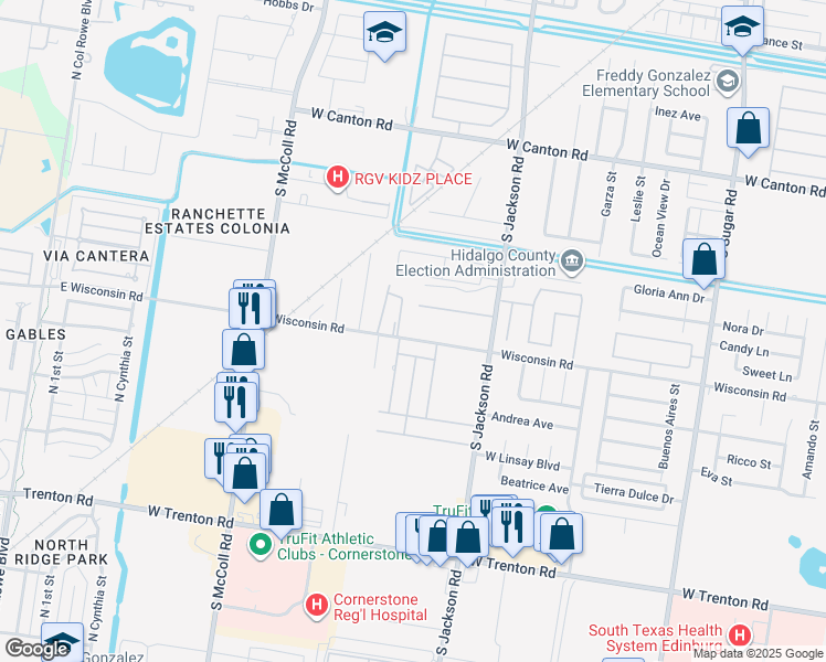 map of restaurants, bars, coffee shops, grocery stores, and more near 2411 W Wisconsin Rd in Edinburg