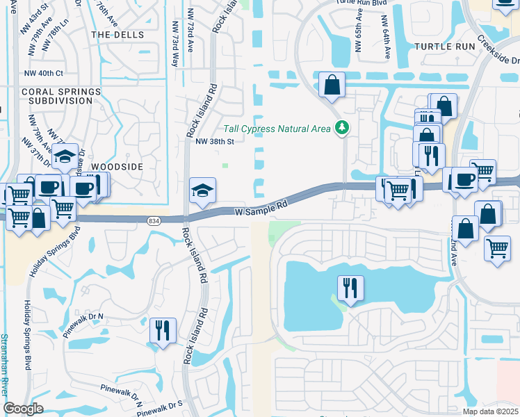 map of restaurants, bars, coffee shops, grocery stores, and more near 6943 West Sample Road in Coral Springs