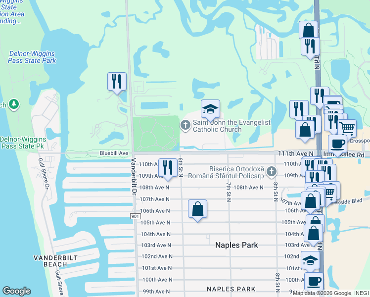 map of restaurants, bars, coffee shops, grocery stores, and more near 625 Immokalee Road in Naples
