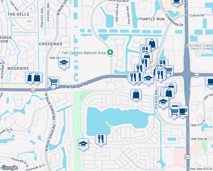 map of restaurants, bars, coffee shops, grocery stores, and more near 6776 West Sample Road in Coral Springs