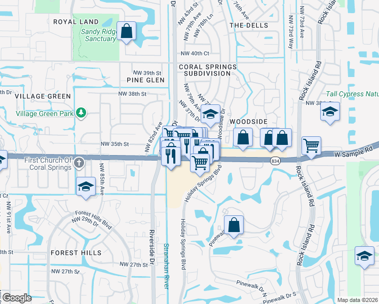 map of restaurants, bars, coffee shops, grocery stores, and more near 7907 West Sample Road in Coral Springs