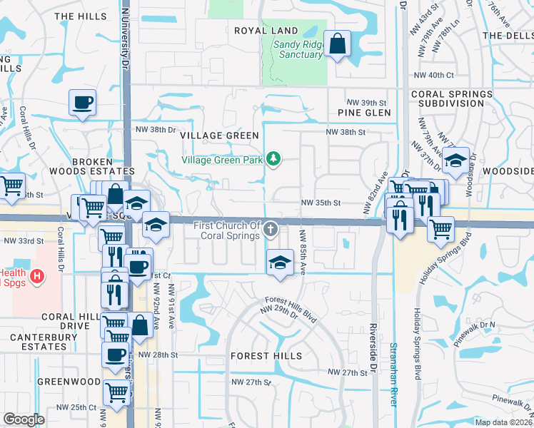 map of restaurants, bars, coffee shops, grocery stores, and more near 10185 West Sample Road in Coral Springs