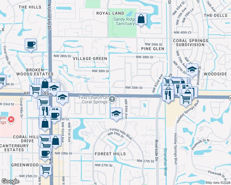 map of restaurants, bars, coffee shops, grocery stores, and more near 8605 West Sample Road in Coral Springs