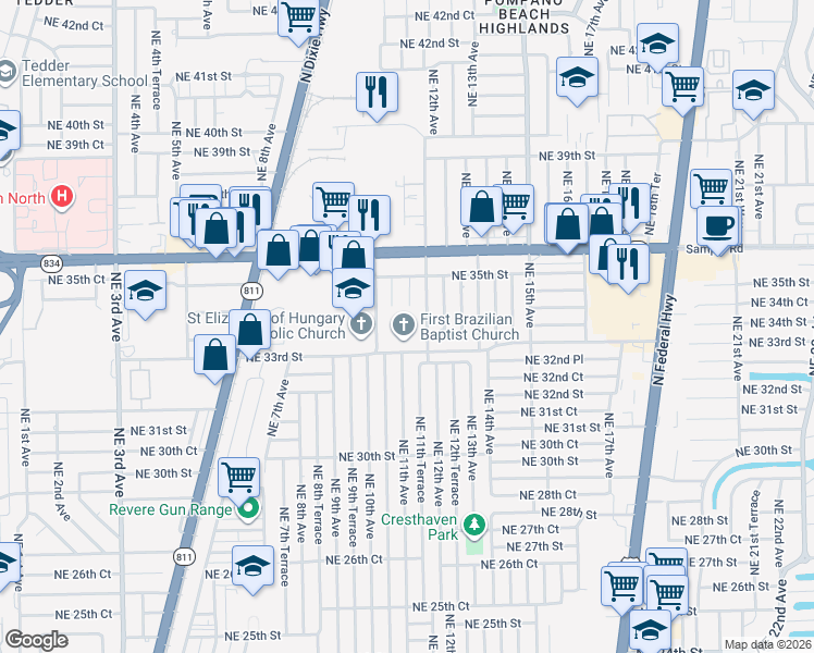 map of restaurants, bars, coffee shops, grocery stores, and more near 1101-1103 Northeast 33rd Court in Pompano Beach