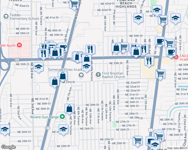 map of restaurants, bars, coffee shops, grocery stores, and more near 10 Eagle Trace Boulevard in Pompano Beach