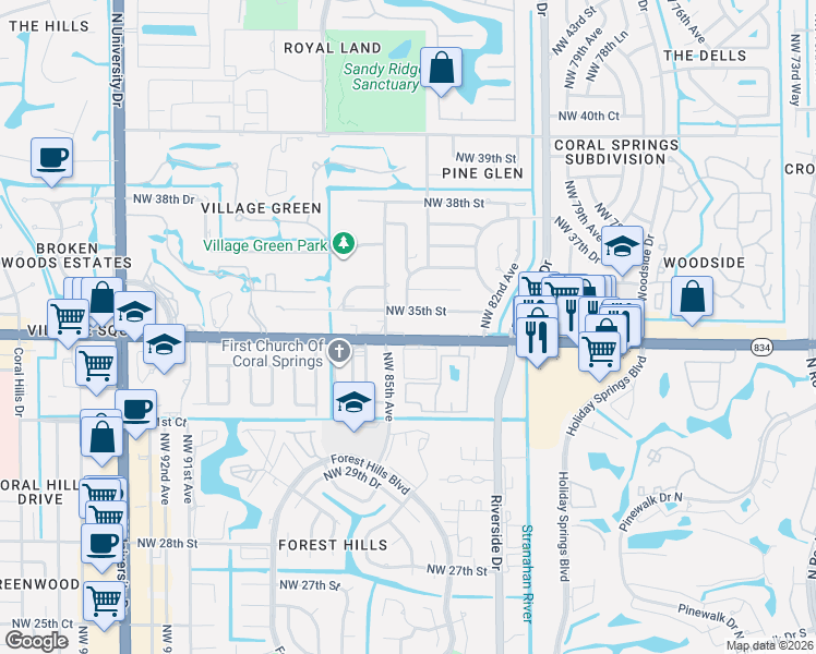 map of restaurants, bars, coffee shops, grocery stores, and more near 43 Northwest 34th Street in Coral Springs