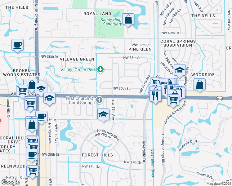 map of restaurants, bars, coffee shops, grocery stores, and more near 43 Northwest 34th Street in Coral Springs