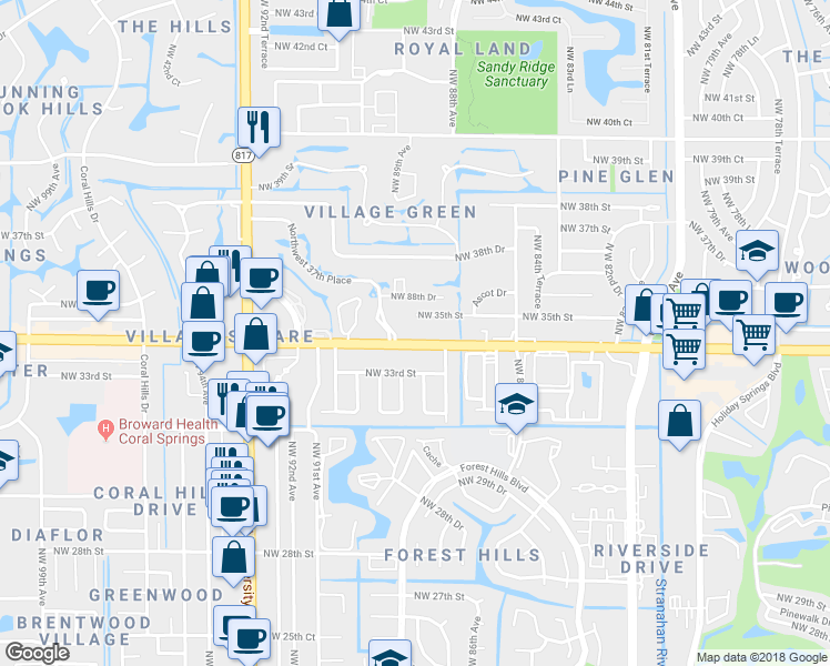 map of restaurants, bars, coffee shops, grocery stores, and more near 8803 West Sample Road in Coral Springs