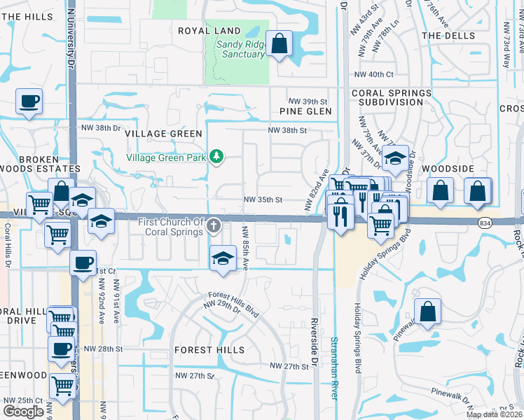 map of restaurants, bars, coffee shops, grocery stores, and more near 8307 West Sample Road in Coral Springs