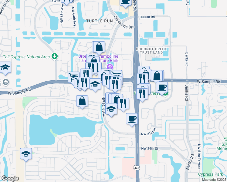 map of restaurants, bars, coffee shops, grocery stores, and more near 6166 West Sample Road in Pompano Beach