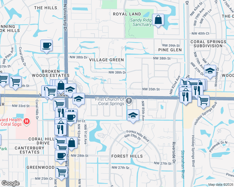 map of restaurants, bars, coffee shops, grocery stores, and more near 10185 West Sample Road in Coral Springs