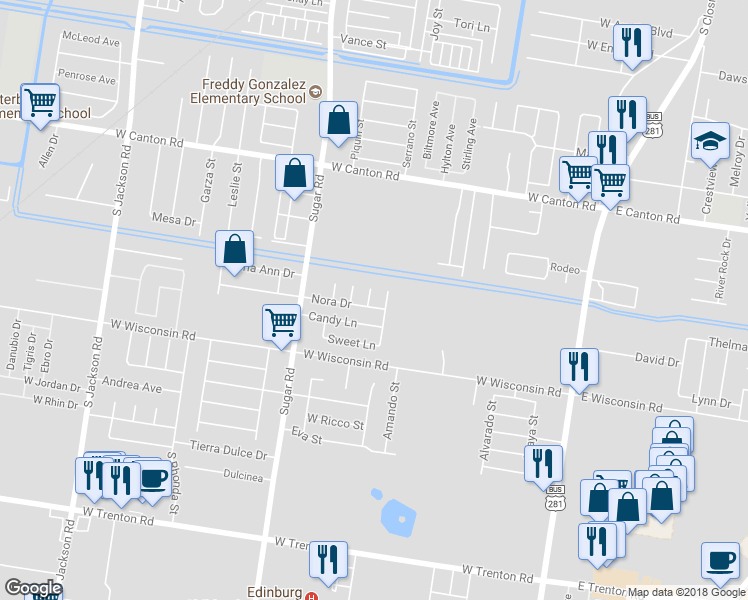 map of restaurants, bars, coffee shops, grocery stores, and more near 3236 Sierra Circle in Edinburg