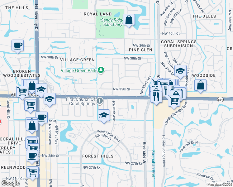 map of restaurants, bars, coffee shops, grocery stores, and more near 43 Northwest 34th Street in Coral Springs