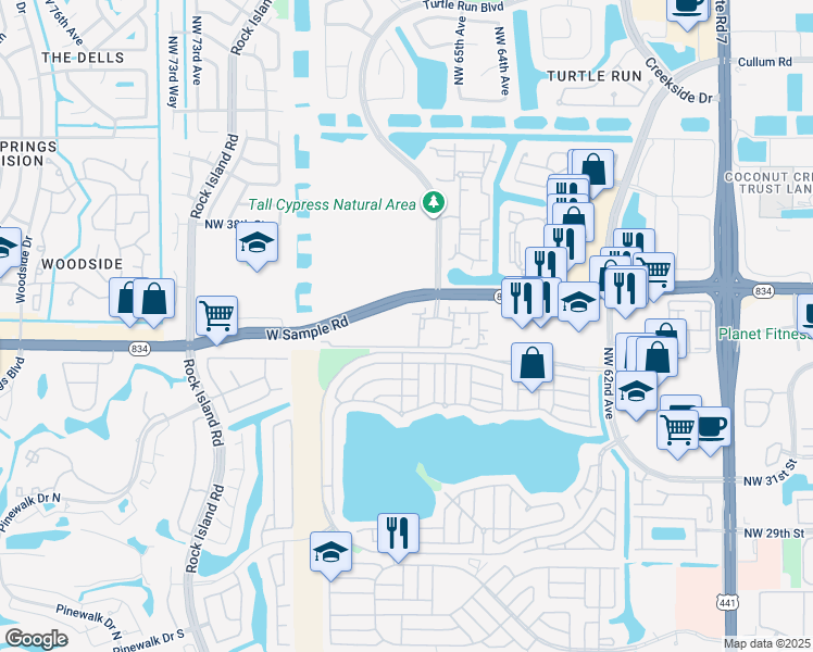 map of restaurants, bars, coffee shops, grocery stores, and more near 6776 West Sample Road in Coral Springs