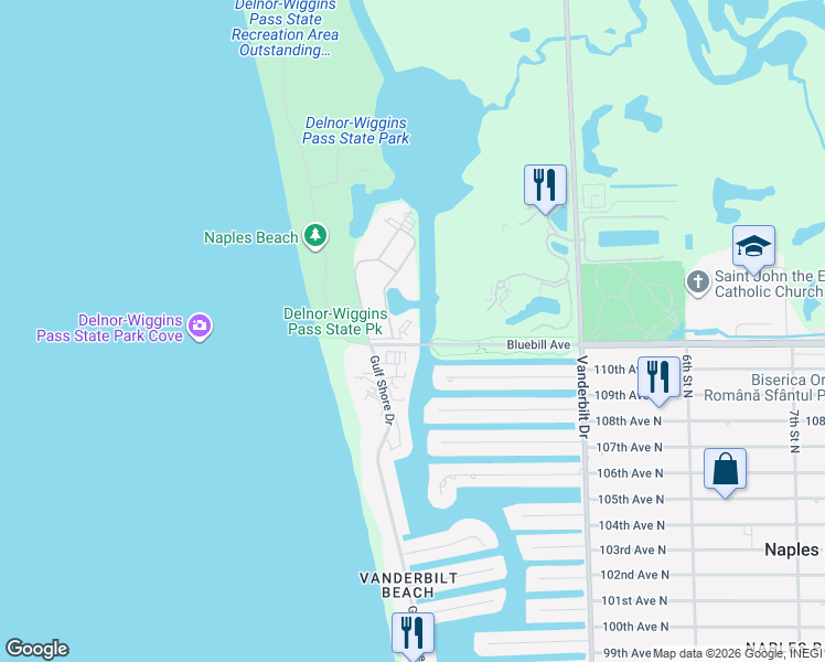map of restaurants, bars, coffee shops, grocery stores, and more near 39 Bluebill Avenue in Naples