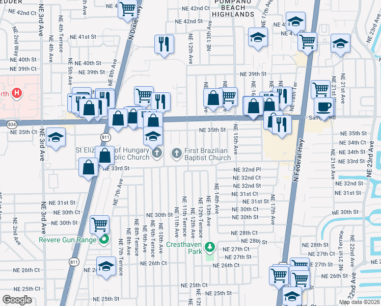 map of restaurants, bars, coffee shops, grocery stores, and more near 1101-1103 Northeast 33rd Court in Pompano Beach