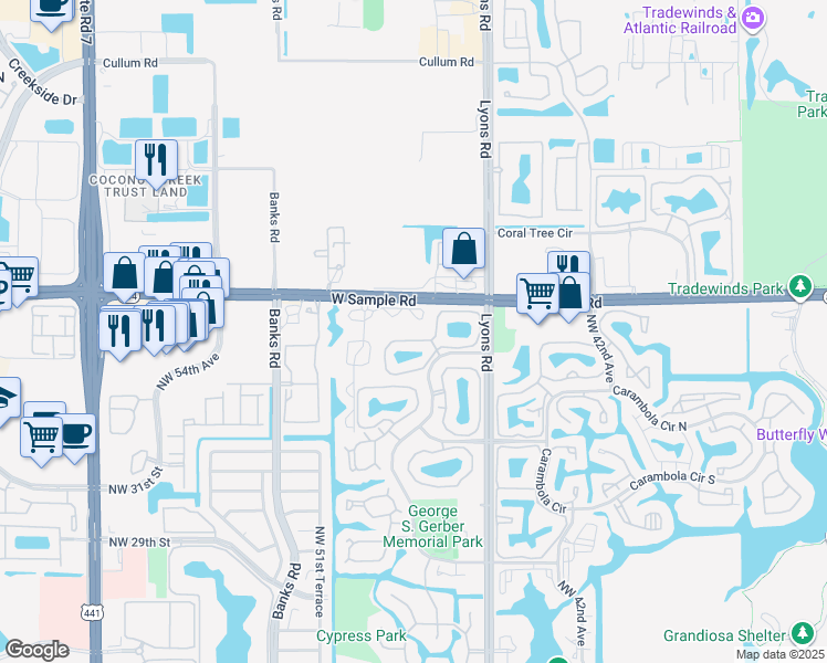 map of restaurants, bars, coffee shops, grocery stores, and more near 4048 Cocoplum Circle in Coconut Creek