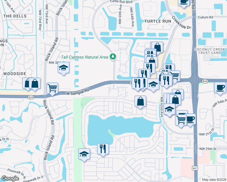 map of restaurants, bars, coffee shops, grocery stores, and more near 6776 West Sample Road in Coral Springs