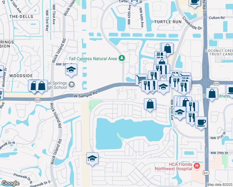 map of restaurants, bars, coffee shops, grocery stores, and more near 6776 West Sample Road in Coral Springs