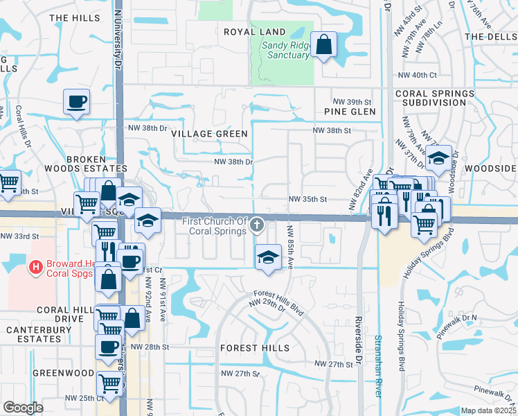 map of restaurants, bars, coffee shops, grocery stores, and more near 8605 West Sample Road in Coral Springs