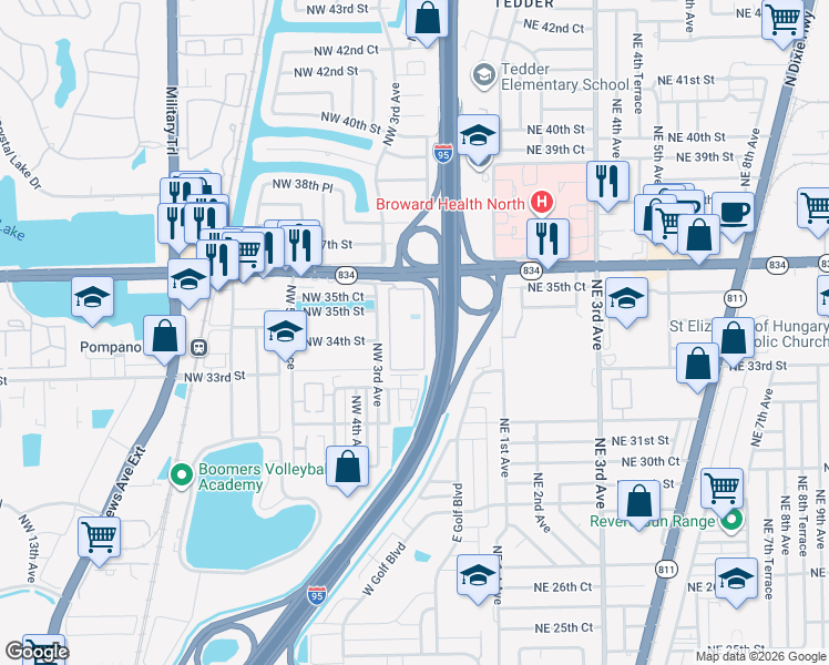 map of restaurants, bars, coffee shops, grocery stores, and more near 250 West Sample Road in Pompano Beach