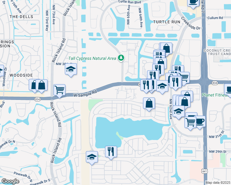 map of restaurants, bars, coffee shops, grocery stores, and more near 6776 West Sample Road in Coral Springs