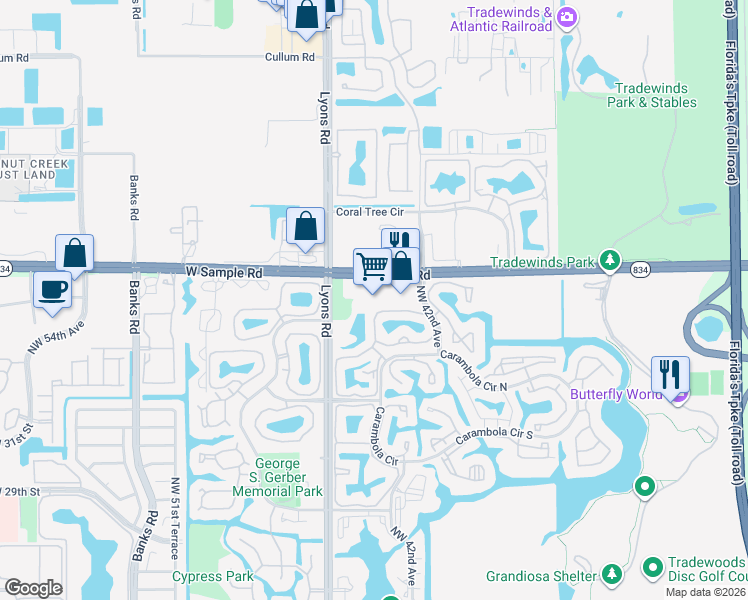 map of restaurants, bars, coffee shops, grocery stores, and more near 4400 West Sample Road in Coconut Creek