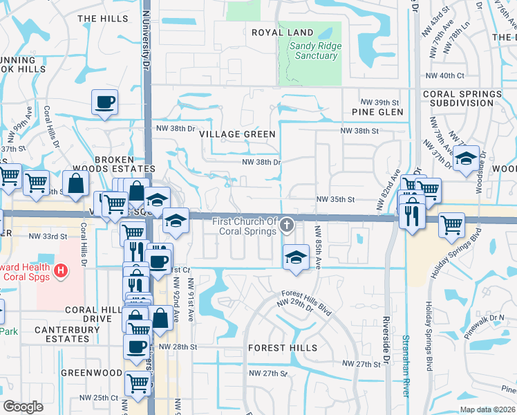 map of restaurants, bars, coffee shops, grocery stores, and more near 8801 West Sample Road in Coral Springs