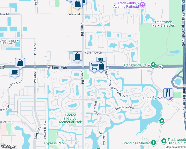 map of restaurants, bars, coffee shops, grocery stores, and more near 4400 West Sample Road in Coconut Creek