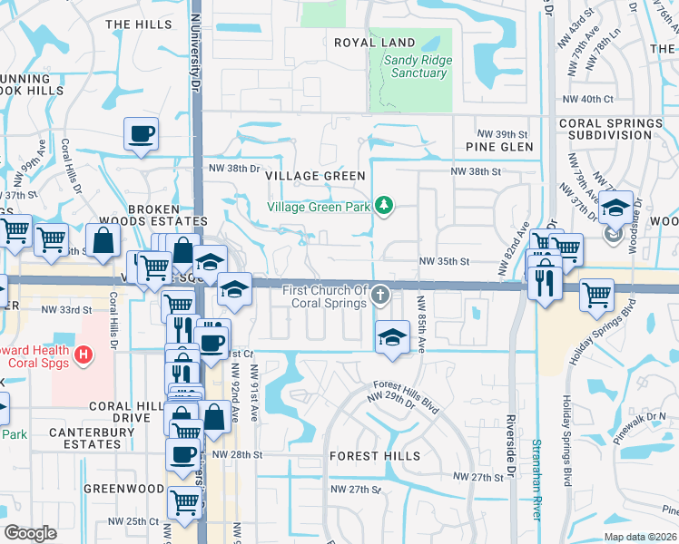 map of restaurants, bars, coffee shops, grocery stores, and more near 8803 West Sample Road in Coral Springs