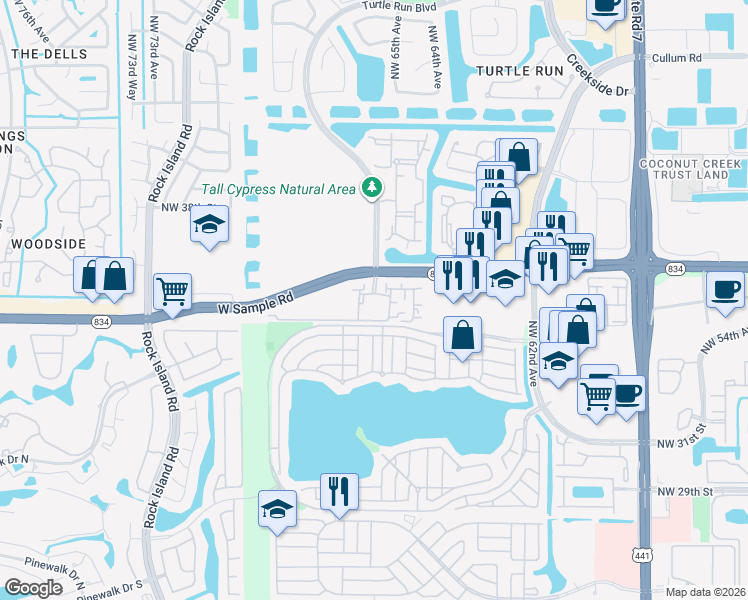 map of restaurants, bars, coffee shops, grocery stores, and more near 6776 West Sample Road in Coral Springs