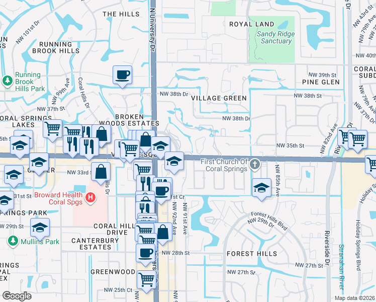 map of restaurants, bars, coffee shops, grocery stores, and more near 9071 West Sample Road in Coral Springs