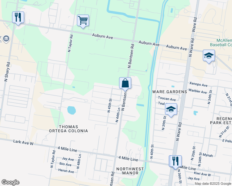 map of restaurants, bars, coffee shops, grocery stores, and more near 4412 Thunderbird Avenue in McAllen