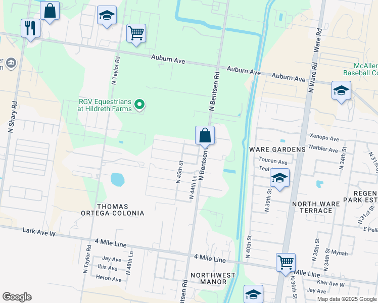 map of restaurants, bars, coffee shops, grocery stores, and more near 4501 Thunderbird Avenue in McAllen