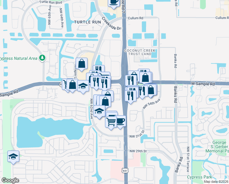 map of restaurants, bars, coffee shops, grocery stores, and more near 5960 West Sample Road in Coral Springs