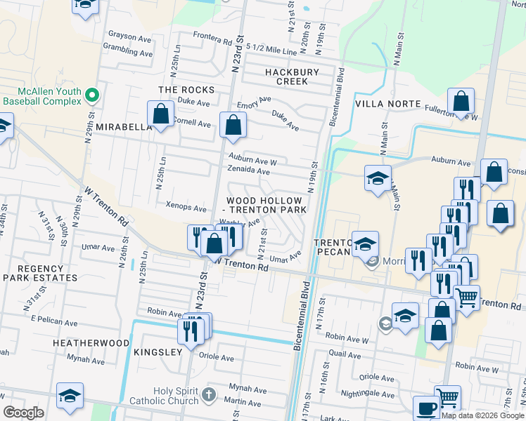map of restaurants, bars, coffee shops, grocery stores, and more near 7420 North 21st Street in McAllen