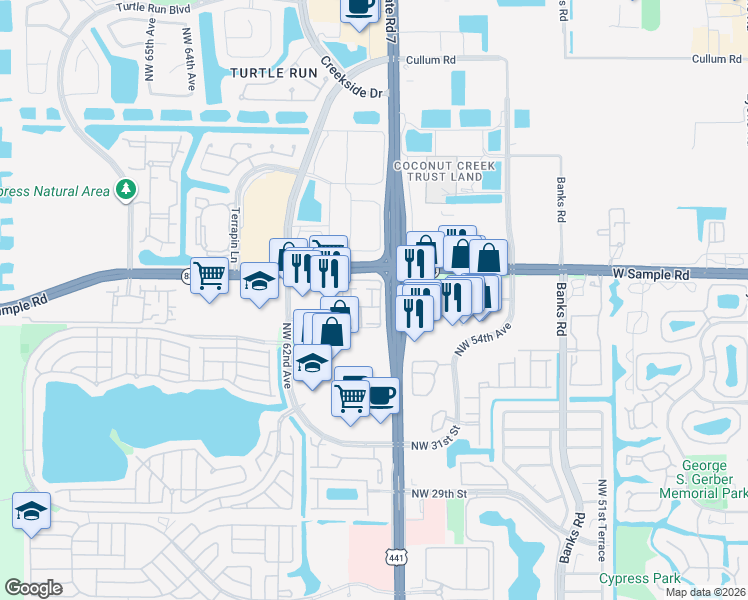 map of restaurants, bars, coffee shops, grocery stores, and more near 5820 West Sample Road in Pompano Beach