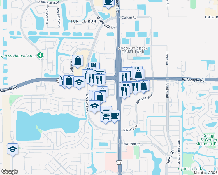 map of restaurants, bars, coffee shops, grocery stores, and more near 5980 West Sample Road in Coral Springs