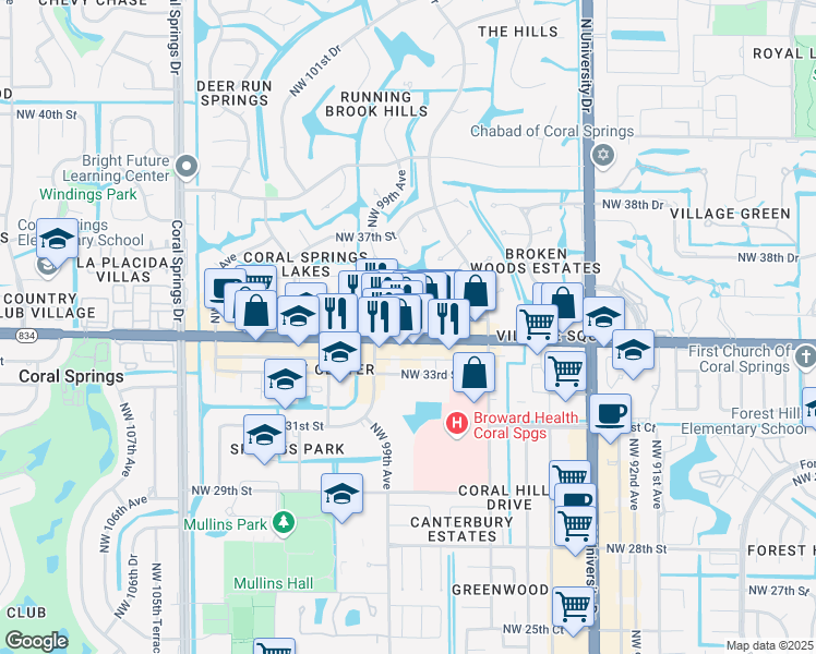 map of restaurants, bars, coffee shops, grocery stores, and more near 10211 West Sample Road in Coral Springs