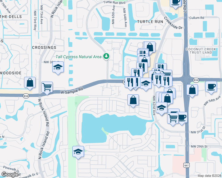 map of restaurants, bars, coffee shops, grocery stores, and more near 6496 West Sample Road in Coral Springs