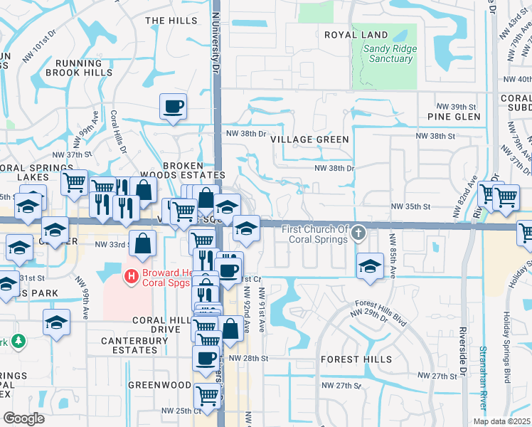 map of restaurants, bars, coffee shops, grocery stores, and more near 9071 West Sample Road in Coral Springs