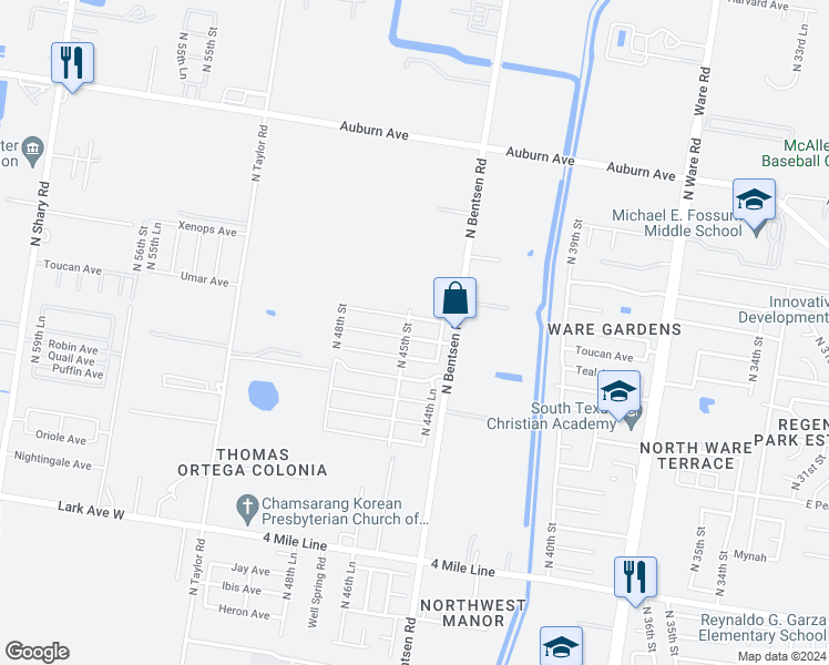 map of restaurants, bars, coffee shops, grocery stores, and more near 4420 Thunderbird Avenue in McAllen