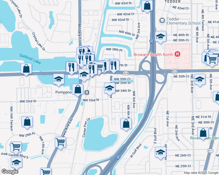 map of restaurants, bars, coffee shops, grocery stores, and more near 3401 Northwest 5th Terrace in Pompano Beach