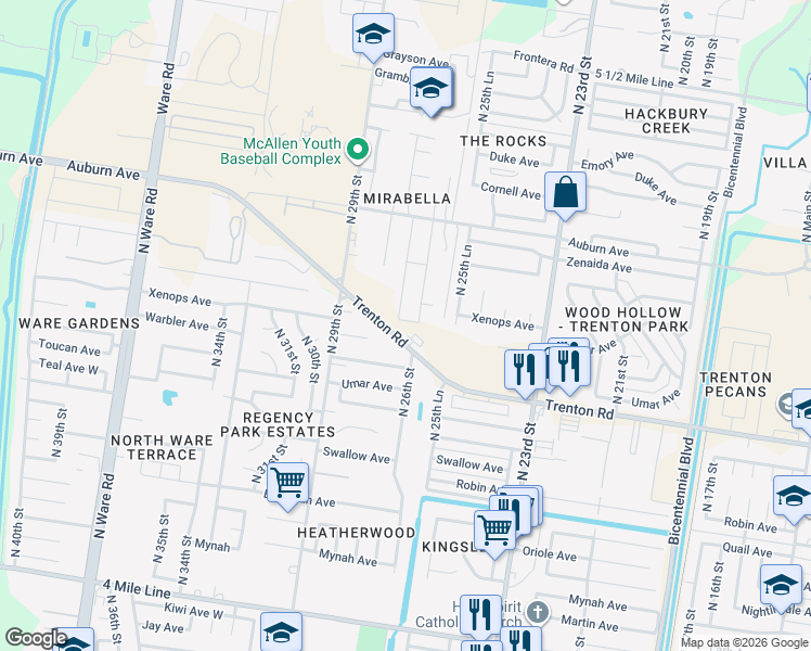 map of restaurants, bars, coffee shops, grocery stores, and more near 2601 Trenton Road in McAllen