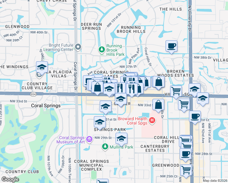 map of restaurants, bars, coffee shops, grocery stores, and more near in Coral Springs