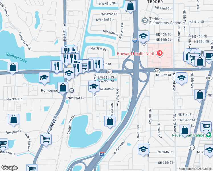 map of restaurants, bars, coffee shops, grocery stores, and more near 401 Northwest 34th Street in Pompano Beach