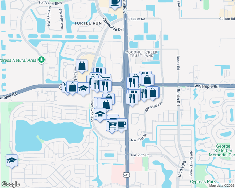 map of restaurants, bars, coffee shops, grocery stores, and more near 5980 West Sample Road in Coral Springs