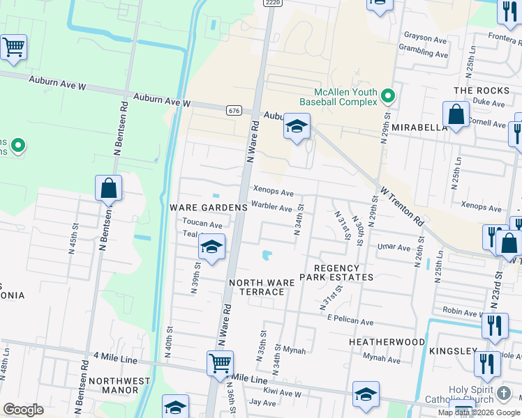 map of restaurants, bars, coffee shops, grocery stores, and more near 3508 Umar Avenue in McAllen