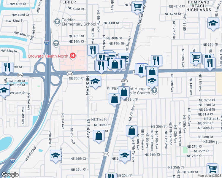 map of restaurants, bars, coffee shops, grocery stores, and more near 501 Northeast 33rd Court in Pompano Beach